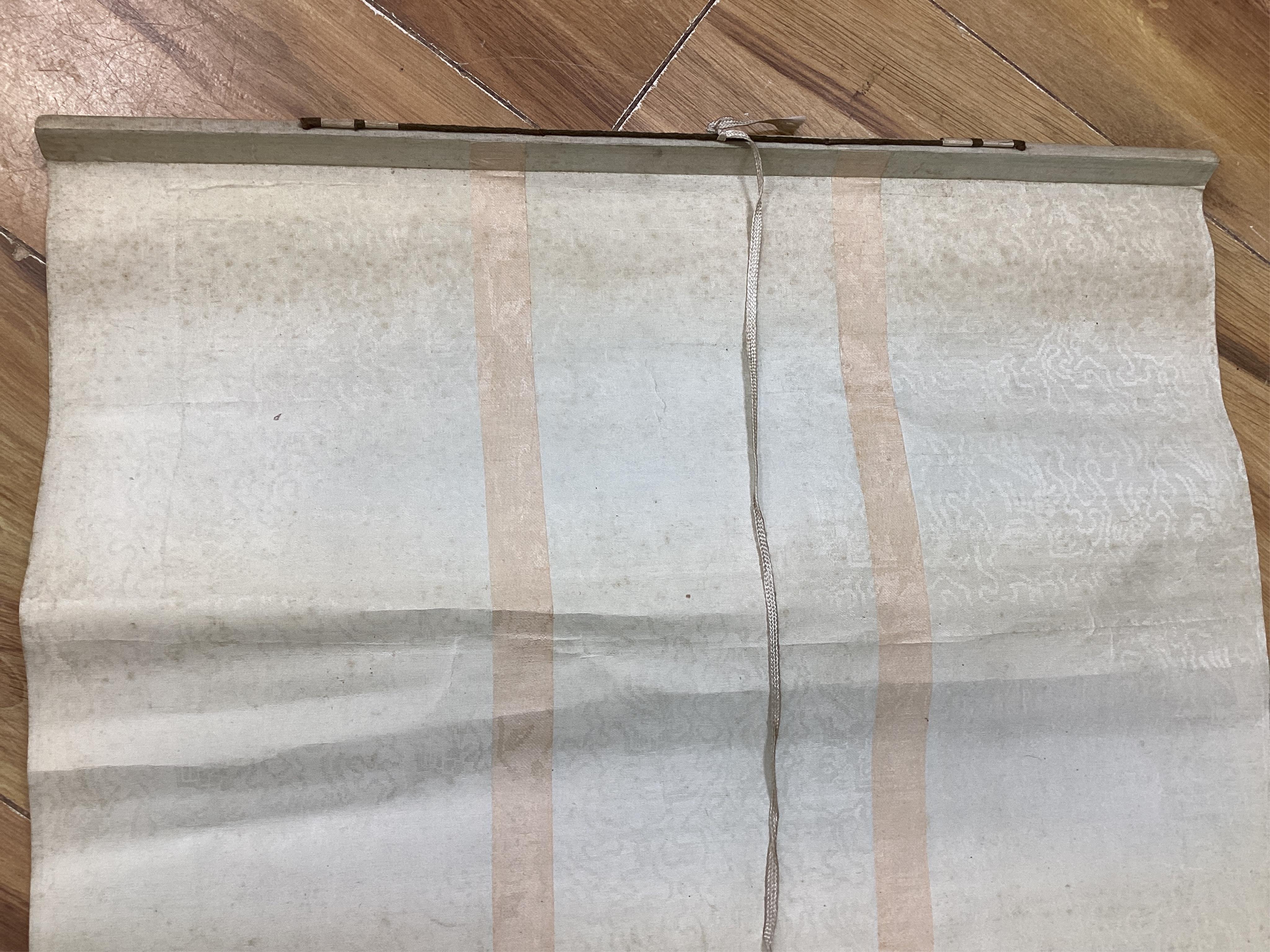 A set of four Chinese scroll paintings of ladies before landscapes, 48cm wide. Condition - fair